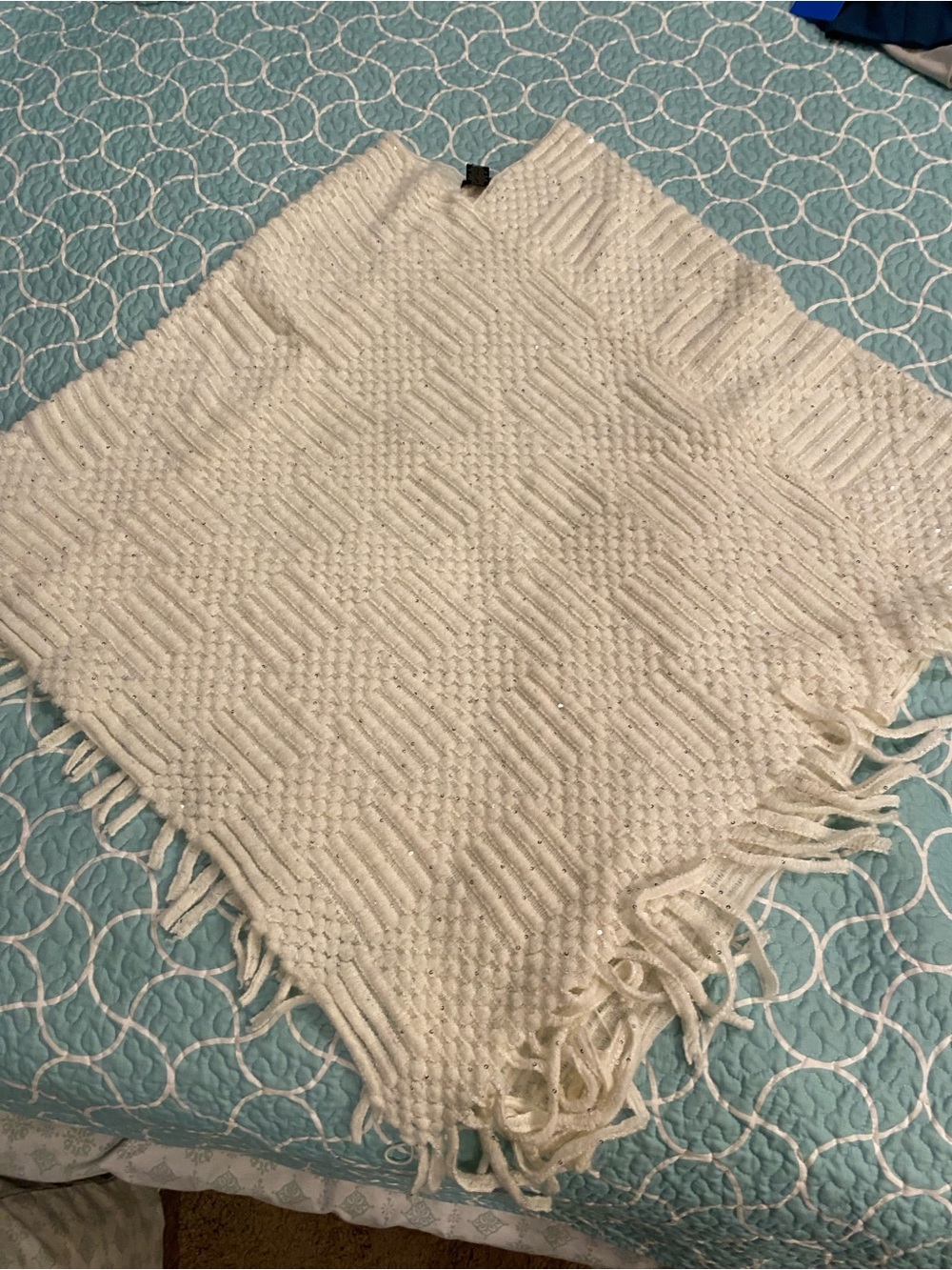 White Knit Fringe Throw Poncho